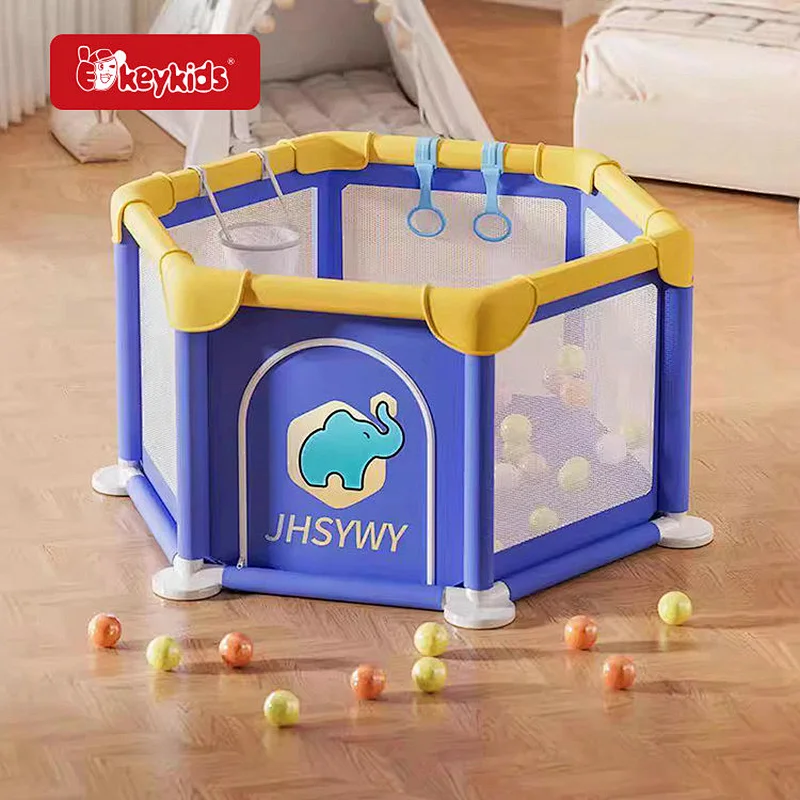 Blue & Yellow Elephant Playpen, Hexagonal Activity Center with Mesh Fence for Toddler Safety W08M024